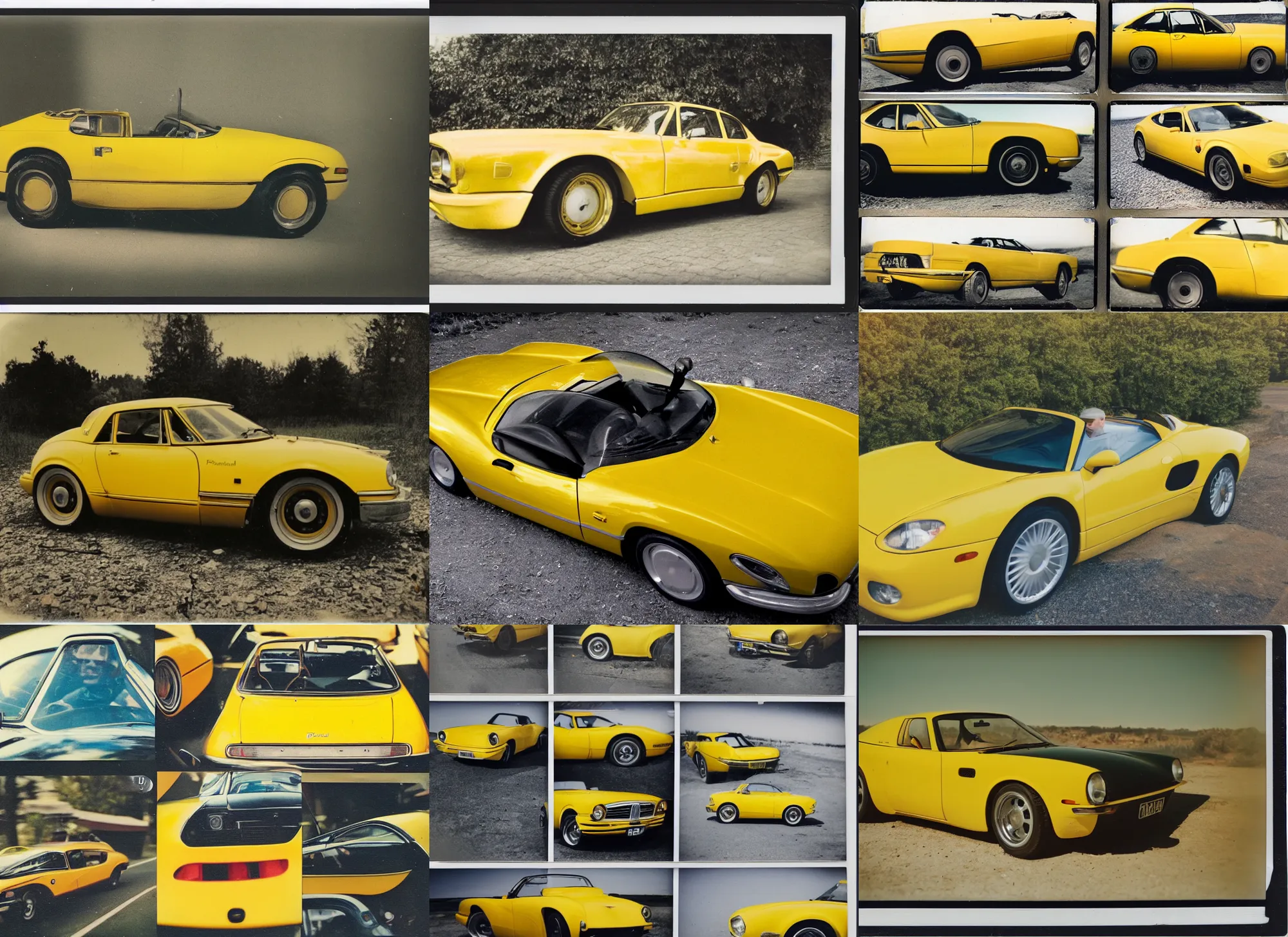 Prompt: old polaroid shots of a yellow sport car