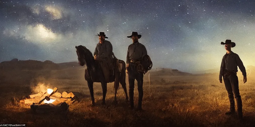 Image similar to in the old west, at a campfire at night, close up portrait of one sleeping bandit scoot mcnairy ( ( alone ) ) and wide shot of one thomas brodie - sangster ( ( alone ) ) propped against a rock, watches the stars and his horse grazes, in the style of a cinematic oil painting, warm color palate, astral