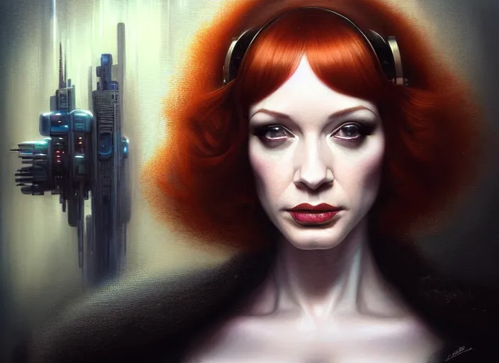 Image similar to portrait shot of christina hendricks in bladerunner wearin a cyberpunk costume, intricate, elegant, highly detailed, centered, digital painting, artstation, concept art, smooth, sharp focus, illustration, artgerm, tomasz alen kopera, peter mohrbacher, donato giancola, joseph christian leyendecker, wlop, boris vallejo