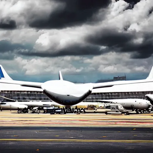 Image similar to a cartoon scene of an airport and cloudy skies