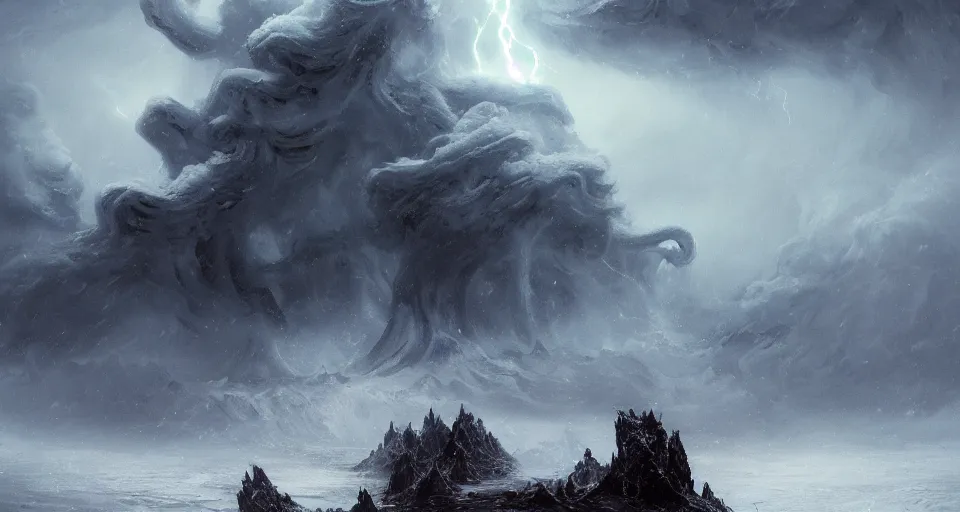 Image similar to lovecraftian eldritch!! giant alien!! wrapped in clouds on a black desert, snowy, windy, by eugene von guerard, ivan shishkin, night, lightning!!, storm!, dramatic lighting, concept art, trending on artstation, 8 k