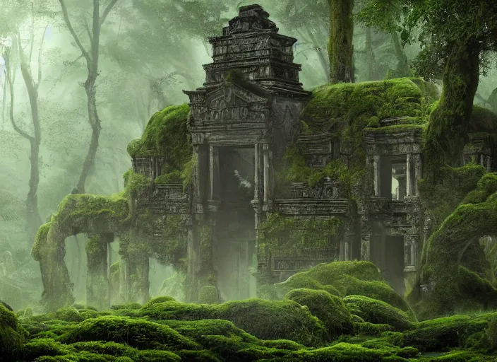 Image similar to A very detailed matte painting of mysterious ancient temple ruins overgrown with moss, lush plants, verdan trees, breathtaking, hyper-realistic, volumetric lighting, 4k resolution, digital art, trending on Artstation