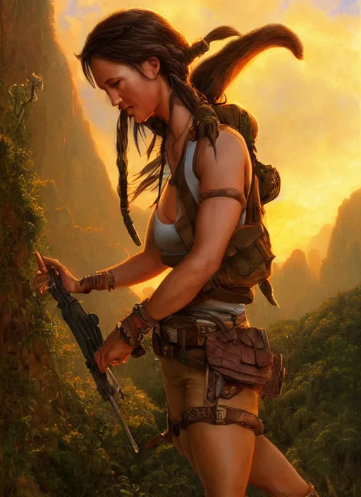 Image similar to seasoned adventurer Lara Croft, golden hour, Lilia Alvarado, Sophie Anderson, Mark Arian, Bob Byerley, Charlie Bowater, Mark Brooks, Steve Henderson, Justin Gerard, Arthur Hughes, Edward Robert Hughes, Mark Keathley, Victor Nizovtsev, Carlos Shwabe, Ross Tran, WLOP