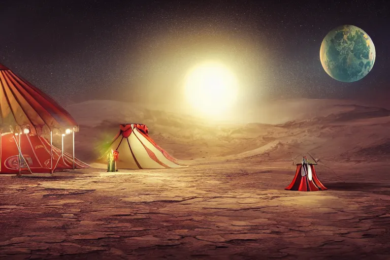 Image similar to circus on the surface of the moon, circus, magical, warm light, photo realistic