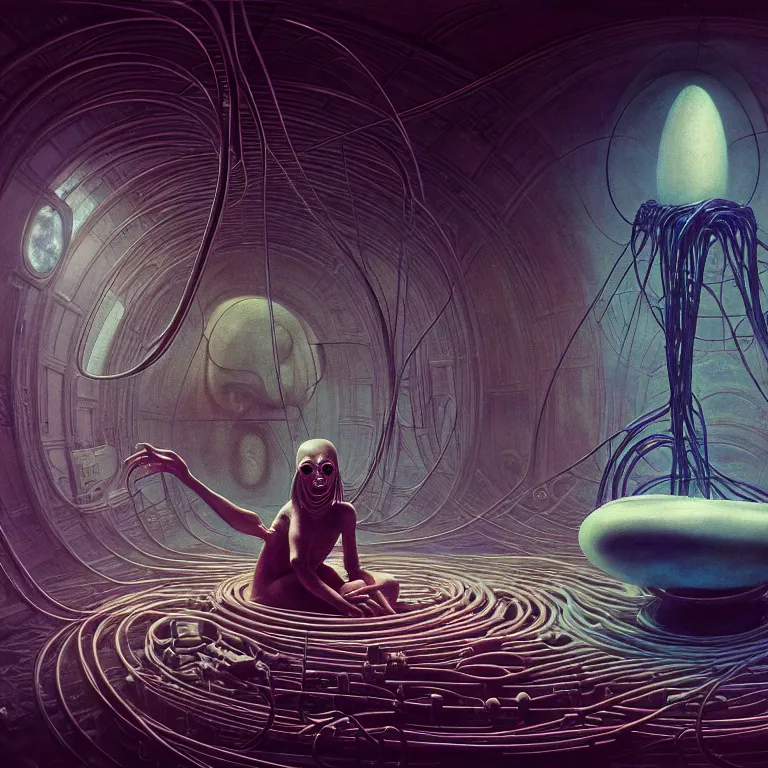 Image similar to alien in spaceship interior covered with tubes wires by salvador dali, psychedelic trippy visionary art, soft bloom lucid dream - like atmosphere, baroque painting, perfect composition, detailed octane render trending on artstation, 8 k artistic photography, volumetric cinematic perfect light, chiaroscuro, masterpiece, raphael, caravaggio, beksinski, rutkowski, beeple