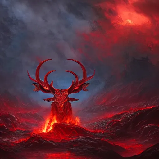 Prompt: A beast with seven heads rising from the sea of blood, ram horned oracle brings fire down from the sky, NGE dark fantasy, highly detailed, digital painting, volumetric light, 8k detailed