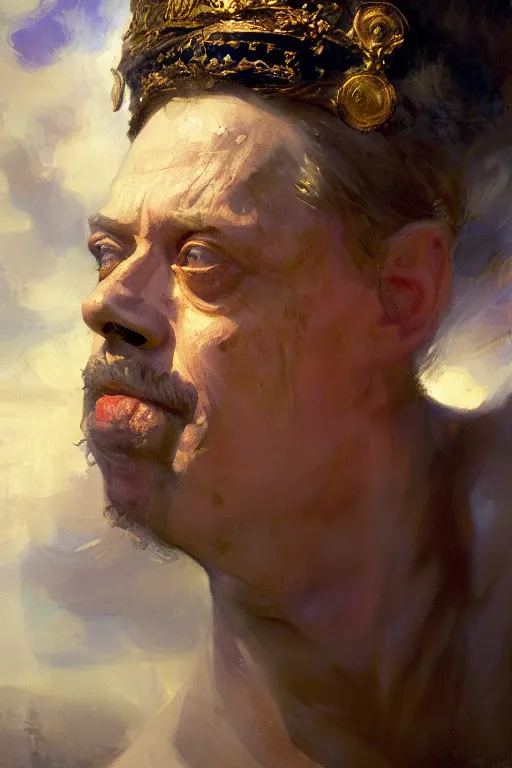 Image similar to beautiful impressionistic oil painting portrait of ancient roman god emperor steve buscemi ascending wearing the civic crown levitating in religious pose, art by anders zorn, wonderful masterpiece by greg rutkowski, expressive brush strokes, beautiful cinematic light, american romanticism by greg manchess, jessica rossier