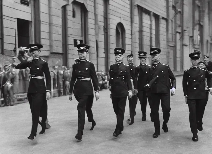 Image similar to SS officers in black SS uniforms walking on the catwalk of a Hugo Boss fashion show in the early 40's, promotional pictures, 8k, colourised and restored