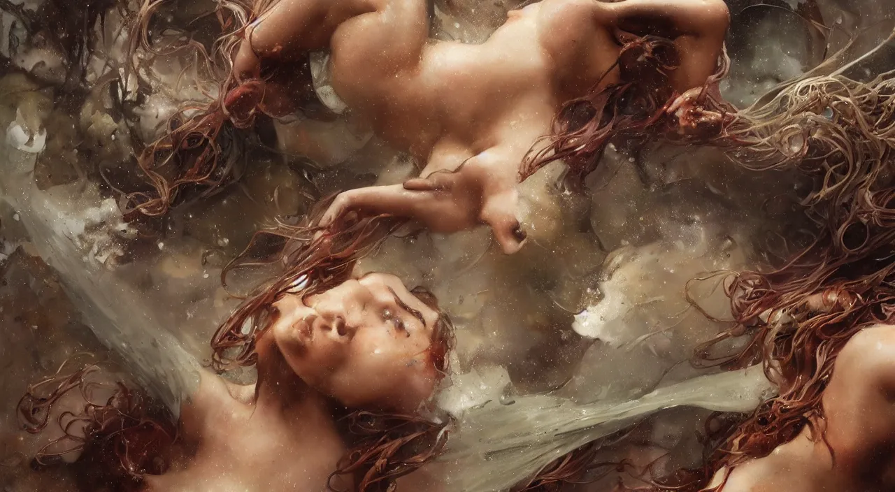 Image similar to 3 0 perfect woman bodies flying inside spaghetti bolognesa with meatballs and hundred rusted perfect woman bodies flying in stormy clouds by by jeremy mann and alphonse mucha, fantasy art, photo realistic, dynamic lighting, artstation, poster, volumetric lighting, very detailed faces, 4 k, award winning, hyper - realism