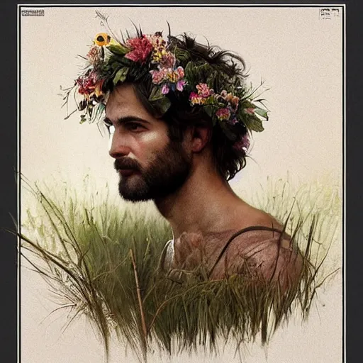 Prompt: portrait of the god of the meadow, 30 years old, upper body!!!!! meadow, flower crown, rugged, male, long hair, gorgeous, detailed face, amazing, hairy torso, muscular, intricate, highly detailed, digital painting, artstation, concept art, sharp focus, illustration, art by greg rutkowski and alphonse mucha