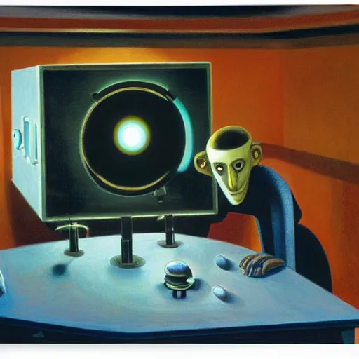 Image similar to a mesmerized robot with large glowing eyes staring at a control panel, portrait, pj crook, grant wood, edward hopper, syd mead, chiaroscuro, oil on canvas