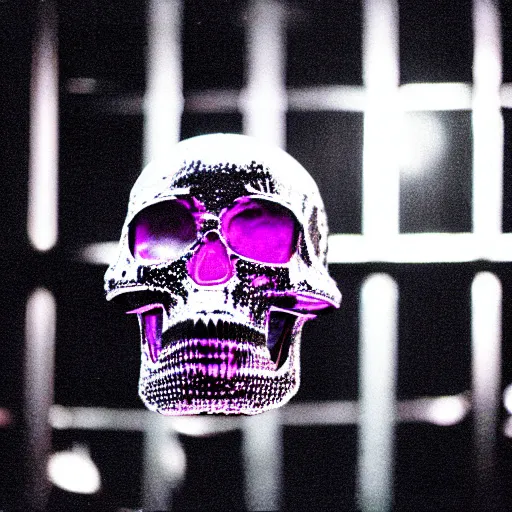 Image similar to a disco skull full of long spikes, reflecting light in a nightclub, grainy film photograph