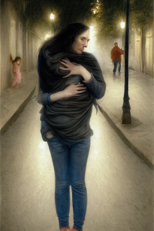 Image similar to very frightened pregnant woman under street light, jeans and sweater, by Alyssa Monks, Bouguereau