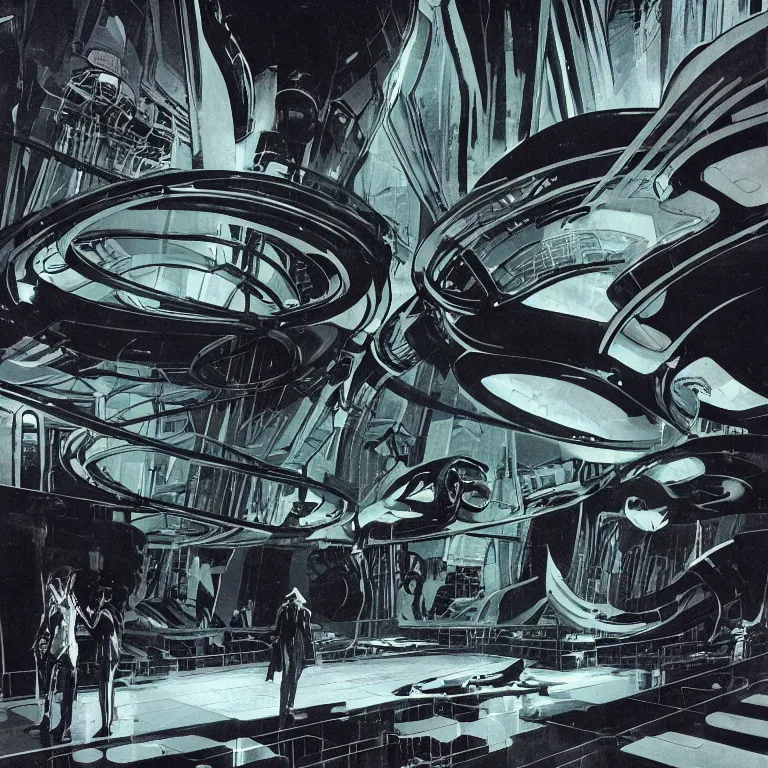 Prompt: 1970's sci-fi comic book art of silhouettes watching a large alien aquarium by Syd Mead. fancy futuristic architecture. highly detailed illustration. beautiful dark moody lighting.