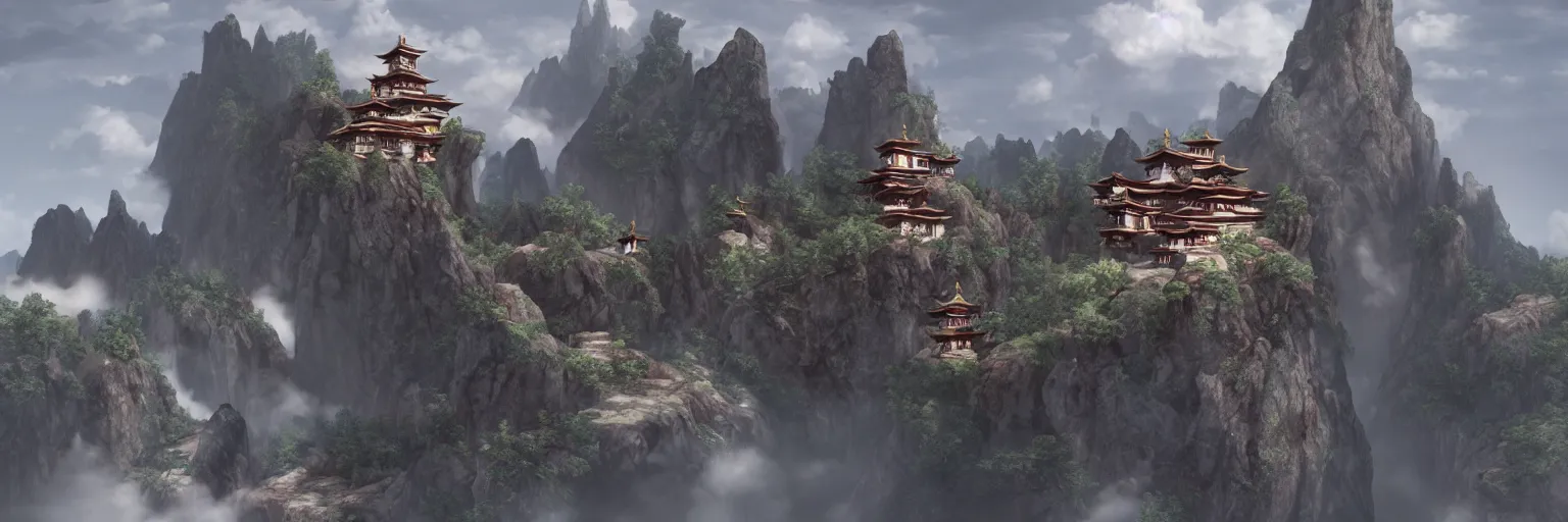 Image similar to flying monastery in the clouds, octane render, by Tomino-sama