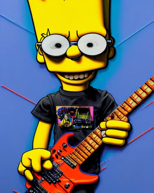 Image similar to a portrait of an anthropomorphic cyberpunk bart simpson shredding an electric guitar by sandra chevrier, by jon foster, detailed render, tape deck, epic composition, cybernetics, 4 k realistic, cryengine, realistic shaded lighting, sharp focus, masterpiece, by enki bilal