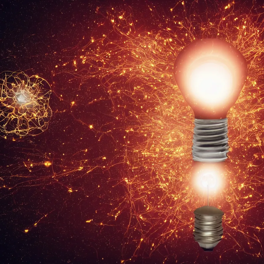 Image similar to lightbulb exploding into the universe, artist impression, 4k HD render, slow motion, psychedelic, intricate detail, one lightbulb, centered image