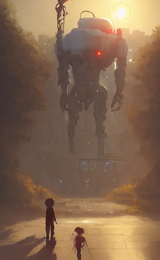 Prompt: digital painting of child playing with a huge humanoid robot in a park, sunset, a dark dystopian city behind a huge wall, stunning, cinematic lighting, concept art by greg rutkowski and simon stalenhag, artstation