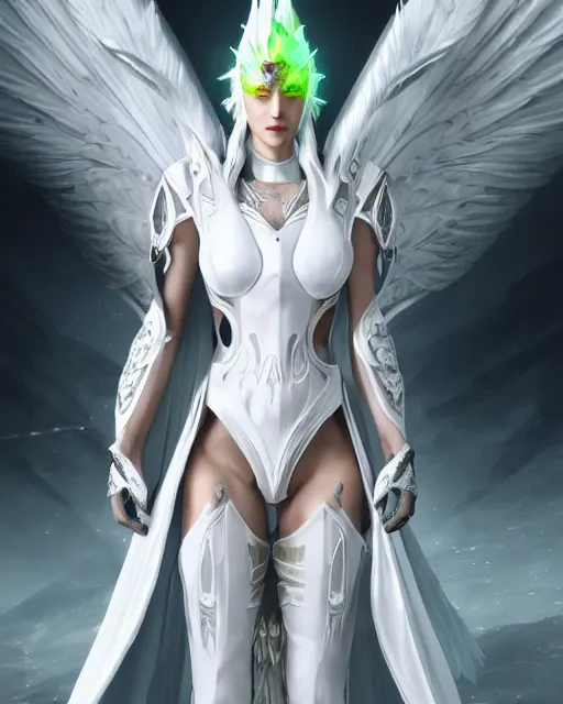 Prompt: tall, attractive white haired priestess wearing white dove wings, warframe armor, regal, attractive, ornate, sultry, sexy, beautiful, elize theron, pretty face, green eyes, scifi platform, 4 k, ultra realistic, epic lighting, illuminated, cinematic, black gold, art by akihito tsukushi, voidstar