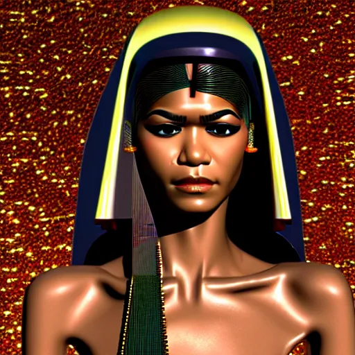 Prompt: zendaya demonic egyptian queen, an oasis in the background, anatomically correct body, many details, super realistic, high quality, 8 k