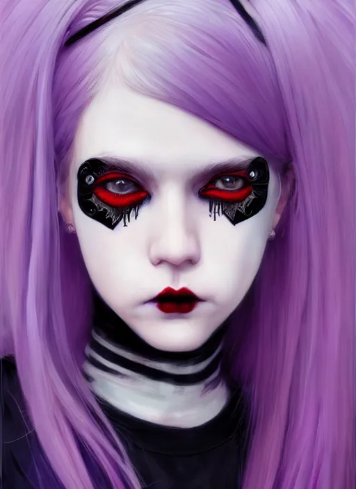 Image similar to portrait of white teenage girl, normal face, white bangs, mall goth, cyberlox, black and white hair, bangs, fluffy bangs, red contact lenses, purple lipstick, intricate, elegant, highly detailed, digital painting, artstation, concept art, sharp focus, smooth, illustration, art by wlop, mars ravelo and greg rutkowski