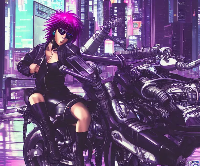 Image similar to motoko kusanagi riding a cyberpunk vehicle in a grungy cyberpunk megacity, bosozoku gang war, cyberpunk vaporwave, by phil jimenez, artgerm, sola digital arts, anti aliasing, raytracing