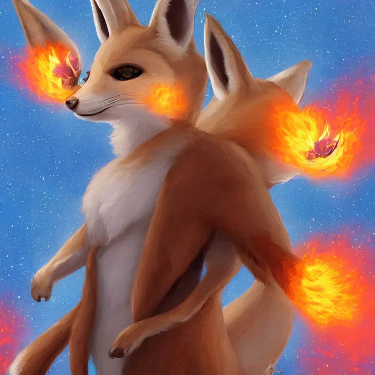 Prompt: Anthropomorphic fennec fox fursona character wearing a blue sweatshirt and holding fireballs, portrait, furry fandom, furaffinity, digital painting