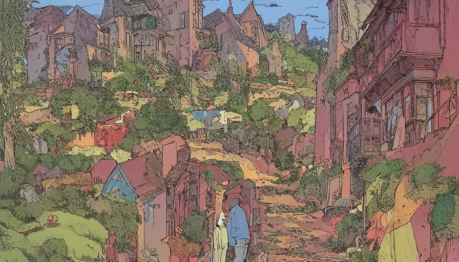 Image similar to ligne claire art of a sparse village intertwined with nature, street-level view, by Moebius, bright colors, Eisner award-winning spread