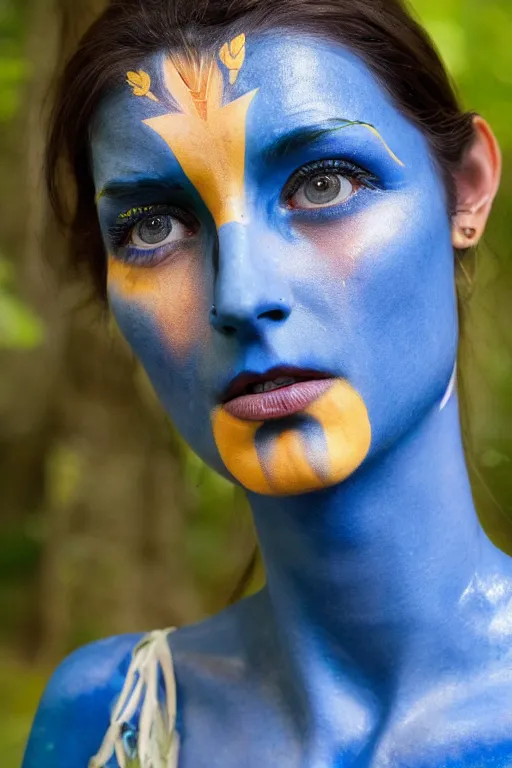 Image similar to an italian woman dressed as a blue-skinned female navi from avatar standing in a forest, blue body paint, high resolution film still, 8k, HDR colors, cosplay, outdoor lighting, high resolution photograph, photo by bruce weber, beautiful symmetric face, beautiful gazing eyes