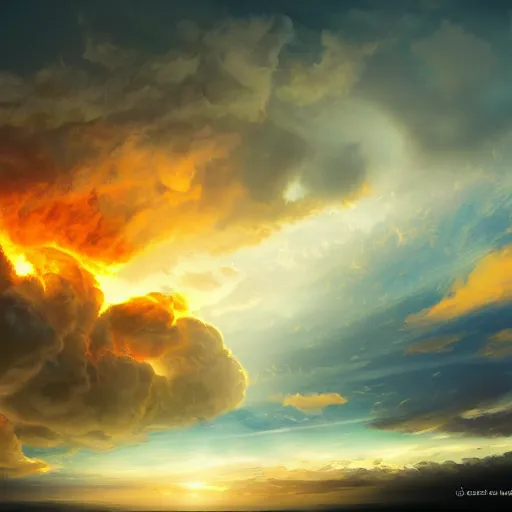 Image similar to burning clouds, falling, 4k, post-processing, very very detailed, artstation, cute