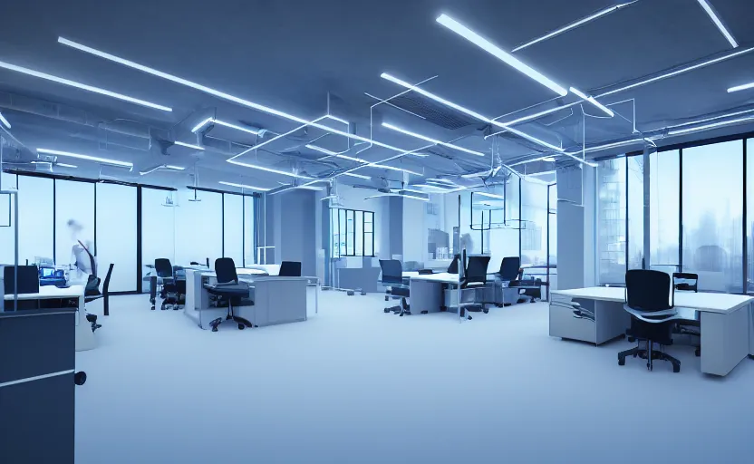 Prompt: a moder office life with soft blue lights in the roof, octane render, artstation trending, highly detailded