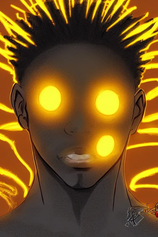 Image similar to glowing black male anime character, golden hair, yellow eyes, symmetrical, highly detailed, digital art, sharp focus, trending on art station, crazy hair, electricity everywhere, anime art style