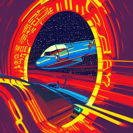 Image similar to jet pilot falling through a tunnel made of time and space by dan mumford by hiroshi nagai