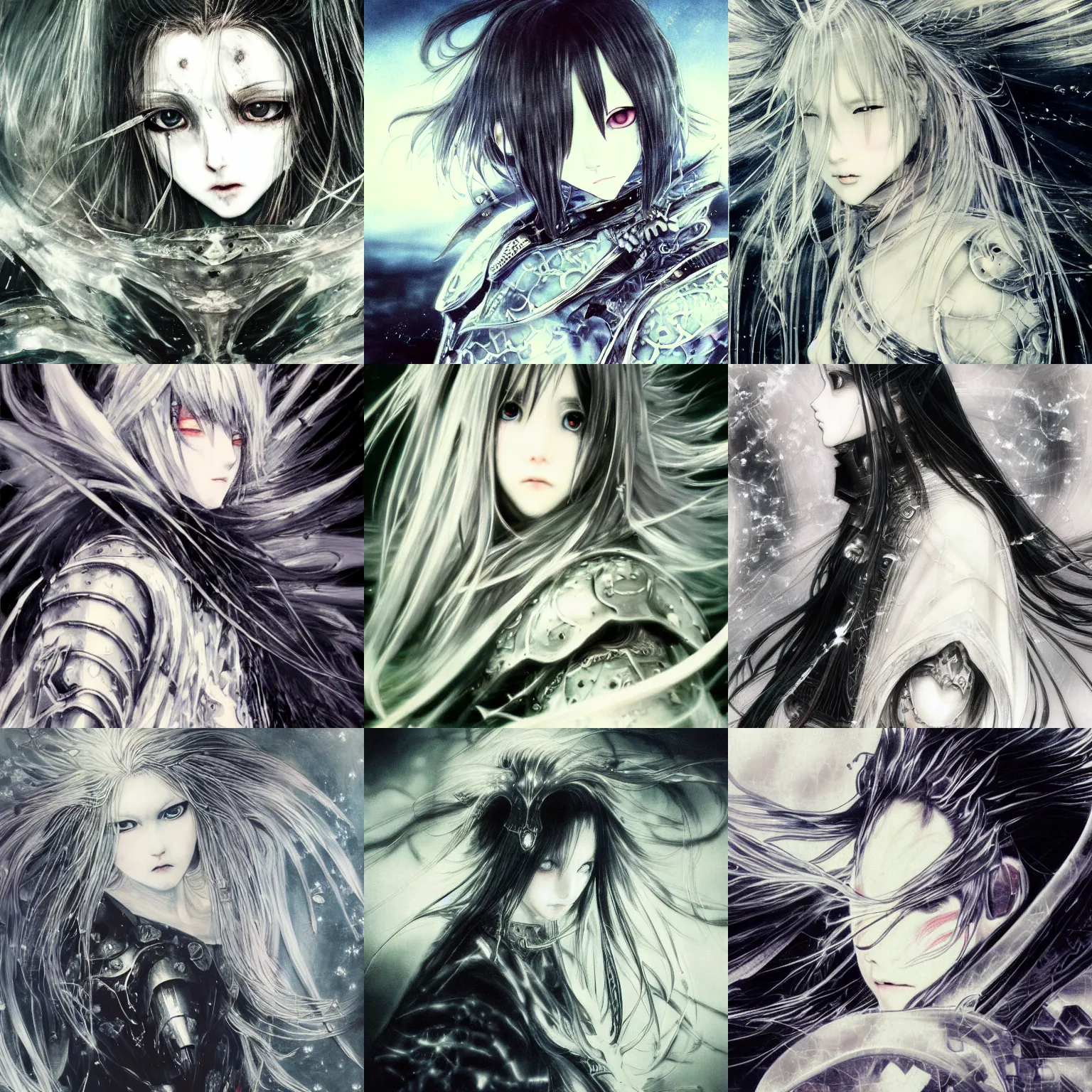 Prompt: Yoshitaka Amano blurred and dreamy illustration of an anime girl with black eyes, wavy white hair and cracks on her face wearing Elden ring armour with the cape fluttering in the wind, abstract black and white patterns on the background, noisy film grain effect, highly detailed, Renaissance oil painting, weird portrait angle