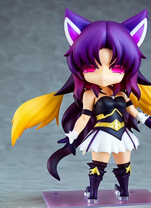 Image similar to chic kda ahri from league of legends nendoroid full body hyperdetalied, hero action pose, osamu tezuka, macoto takahashi, chibi, q posket, 8 k realistic, 3 d, cryengine, exquisite, charming smile, shape focus, symmetrical face, artstation, frostbite 3 engine, cryengine