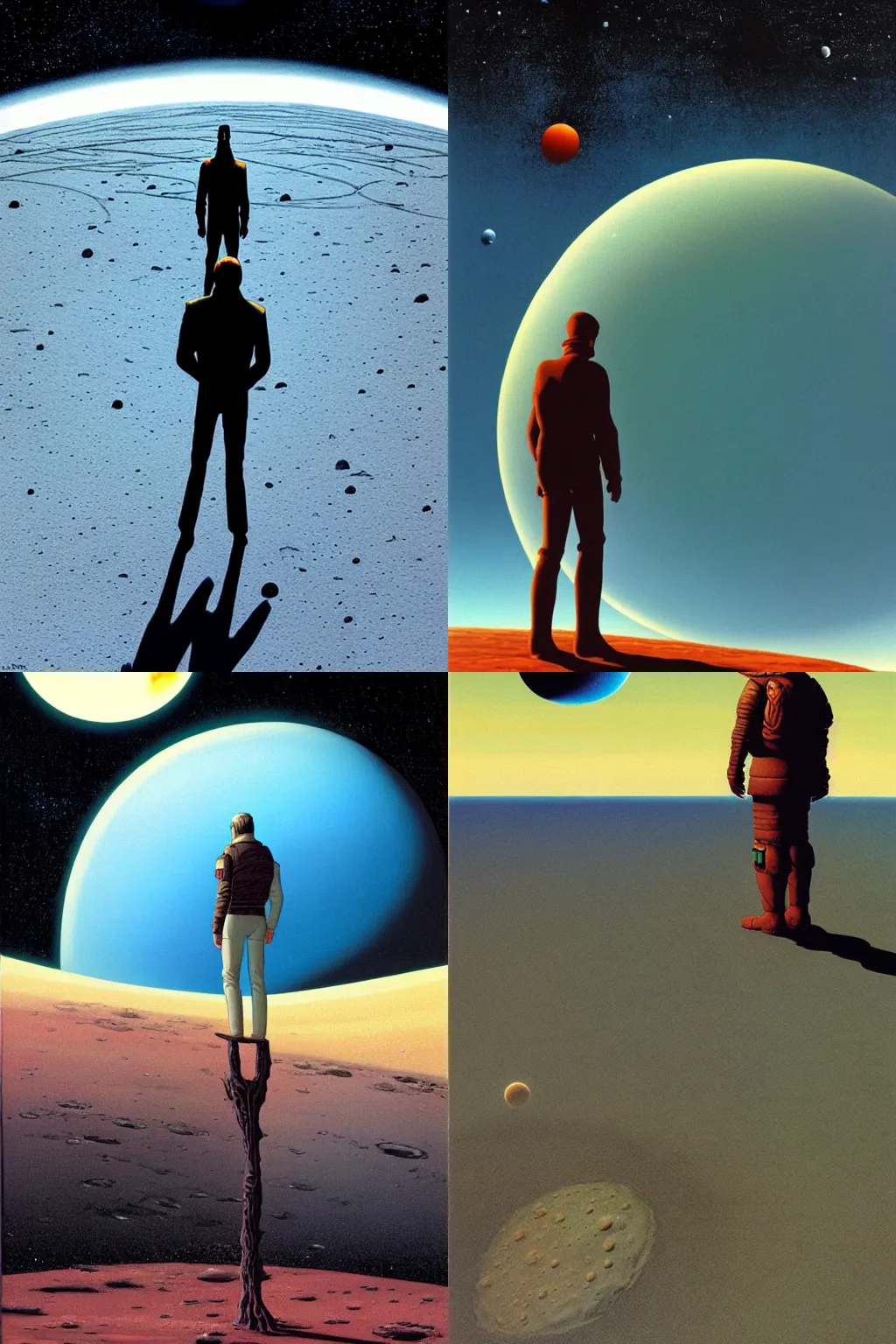 Prompt: A man standing on the surface of a barren moon in front of a ringed planet. Science fiction. High quality. Michael Whelan, Dean Ellis, Michael Herring.