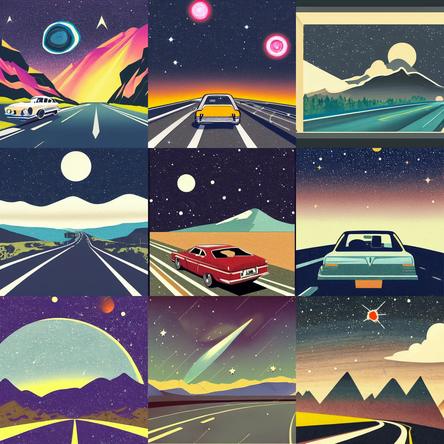 Prompt: a car driving down a highway, obsidian mountains in the background with a galaxy in the sky, retrofuturistic vintage illustration