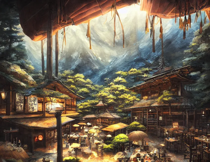 Prompt: enchanted izakaya in the faraway mountains. this oil painting by the award - winning mangaka has a beautiful composition, great sense of depth, dramatic lighting and intricate details.