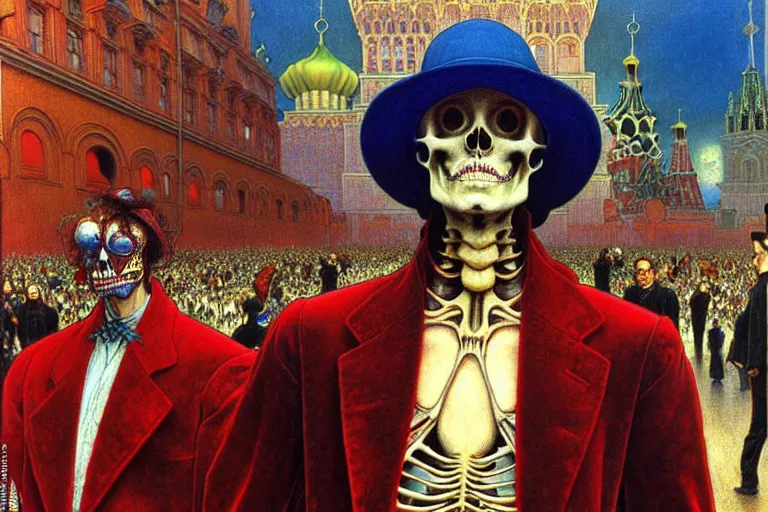 Image similar to realistic detailed closeup portrait painting of a single skeleton wearing crimson velvet blazer in a crowded futuristic moscow street by Jean Delville, Amano, Yves Tanguy, Alphonse Mucha, Ernst Haeckel, Ilya Repin, Edward Robert Hughes, Andrei Tarkovsky, Roger Dean, rich moody colours, blue eyes