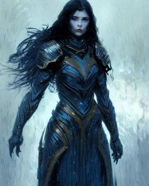 Image similar to a beautiful woman dark hair in an armor with dark eyes, elegant, dark blue, ethereal horror fantasy art by greg rutkowski and magali villeneuve and claude monet