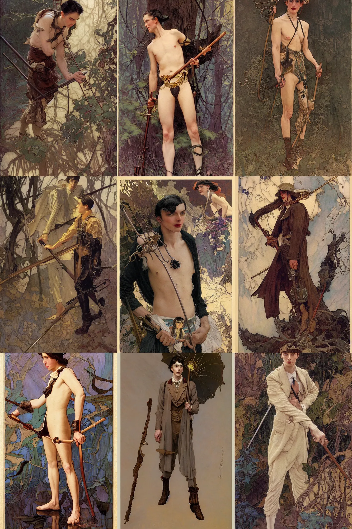 Prompt: young thin male with walking stick, long dark hair, 1 9 2 0 s fashion, fantasy, art by joseph leyendecker, donato giancola, dean cornwell, ruan jia, marc simonetti, ayami kojima, cedric peyravernay, alphonse mucha, thomas kinkade, victo ngai