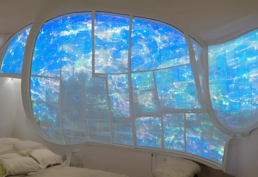Prompt: curved translucent windows projecting florida holographic weathermap, pixel perfect photograph, thin glowing lights, bedroom, visor, users, pair of keycards on table