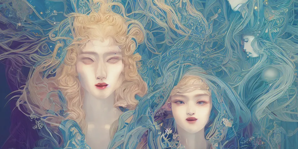 Image similar to breathtaking detailed concept art painting kaleidoscope art deco pattern of blonde faces goddesses amalgamation winter, by hsiao - ron cheng, bizarre compositions, exquisite detail, extremely moody lighting, 8 k