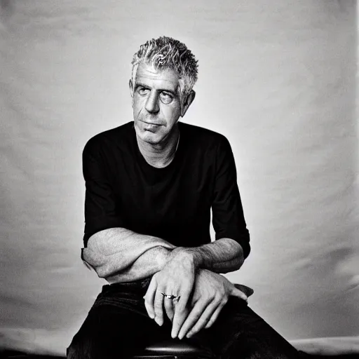 Image similar to promotional vogue studio portrait photo of Anthony Bourdain by Annie Leibovitz, 50mm, pentax, film