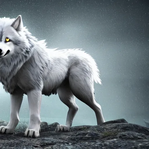 Image similar to a giant grey wolf with a white main and two unicorn horns on its head, a white star shape on his four head, yellow eyes, beautiful, ultra realistic, great wolf, unreal engine 5, dynamic lighting, highly detailed, lightning around