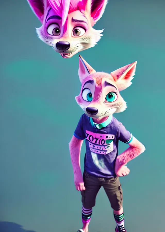 Image similar to portrait of a cute male boy with pink hair and pink wolf ears and freckles stylish clothes in a city in the style of zootopia, disney, volumetric lighting, subsurface scattering, photorealistic, octane render, random artists