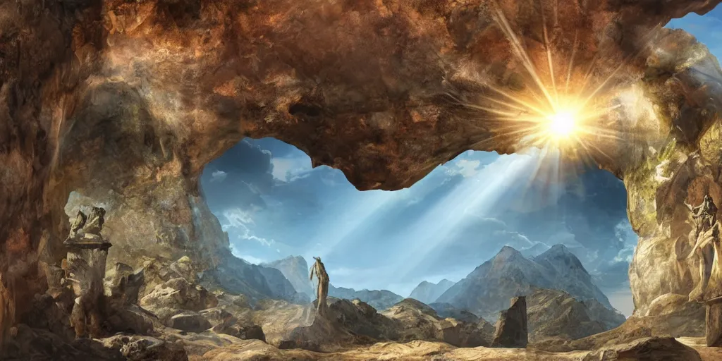 Image similar to two tall giant marble statues flanking a cave entrance into a mountain, extremely detailed digital matte painting, clear skies, sunlight, god rays