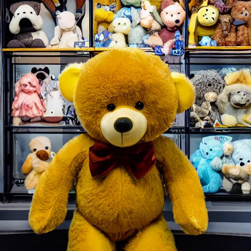 Image similar to a ( ( ( ( yellow teddy bear ) ) ) proudly standing in front of his nfts collection!!!! 4 k photo