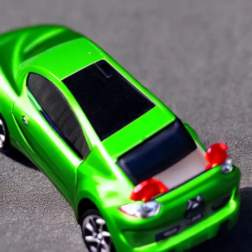 Image similar to a redhead woman driving a Jada toys mitsubishi eclipse green diecast car, high resolution macro photo, viewed through the cars window