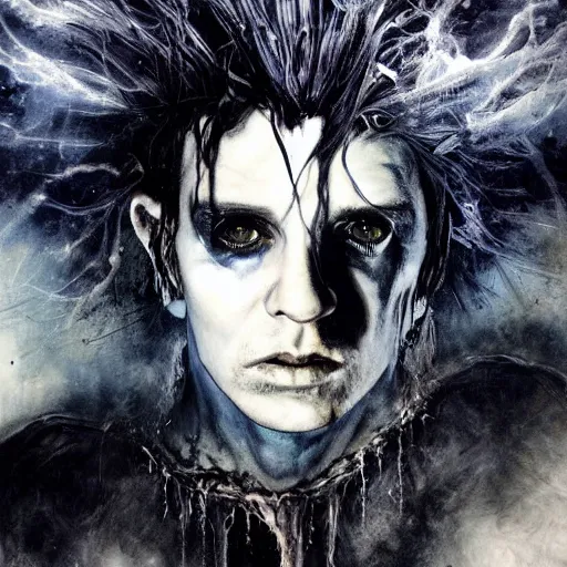 Image similar to stunning portrait of gaunt nik cave a ( the cure fan ) as dream from sandman, dim stars as eyes, by jeremy mann, by cedric peyravernay, by by russ mills, by richard avedon and ben templesmith, dramatic lightning, sadness, dark eye sockets, in the shadows, punk rock, gothic, high detailed, 8 k